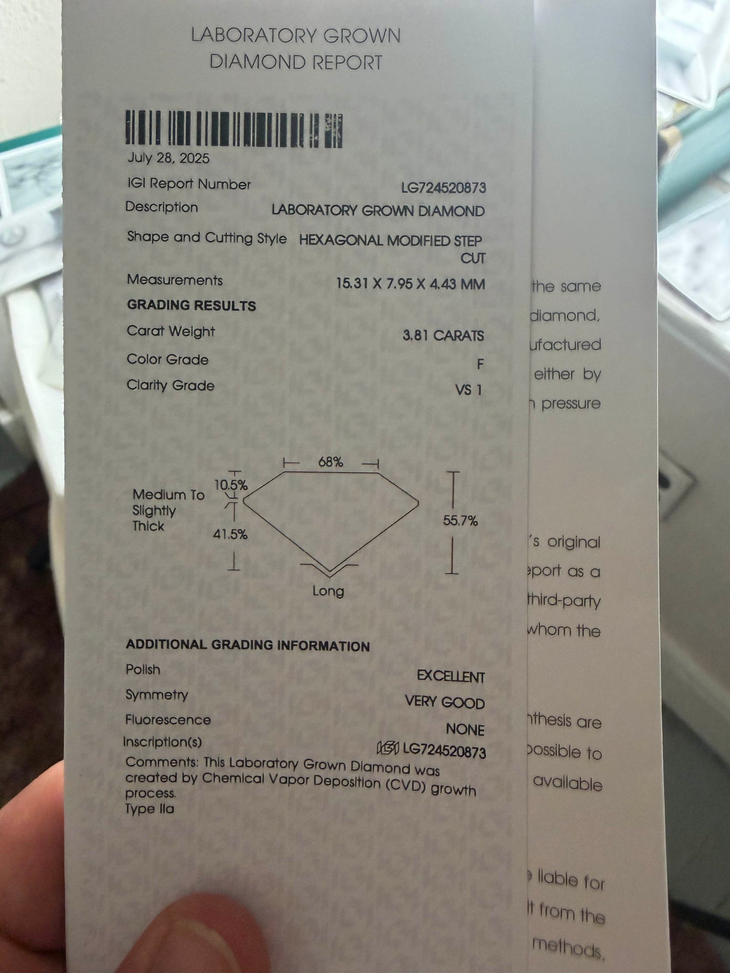 IGI Certified 3.81 Ct Hexagonal Lab-Grown Diamond