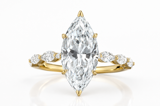 4 Carat Marquise Cut Diamond on 14k Yellow gold with marquise diamonds on band