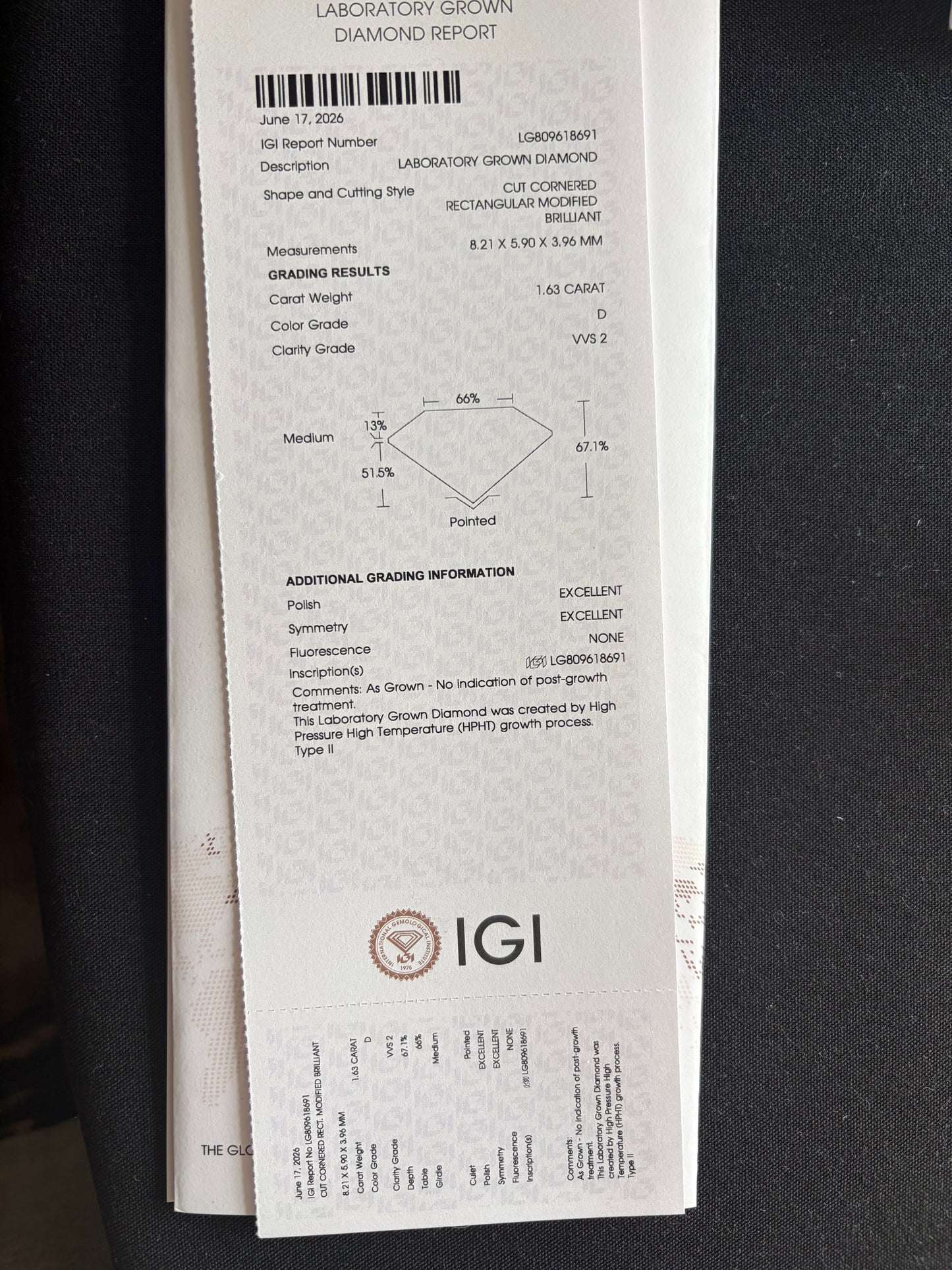 1.63 Carat D VVS 2 Radiant Cut Diamond