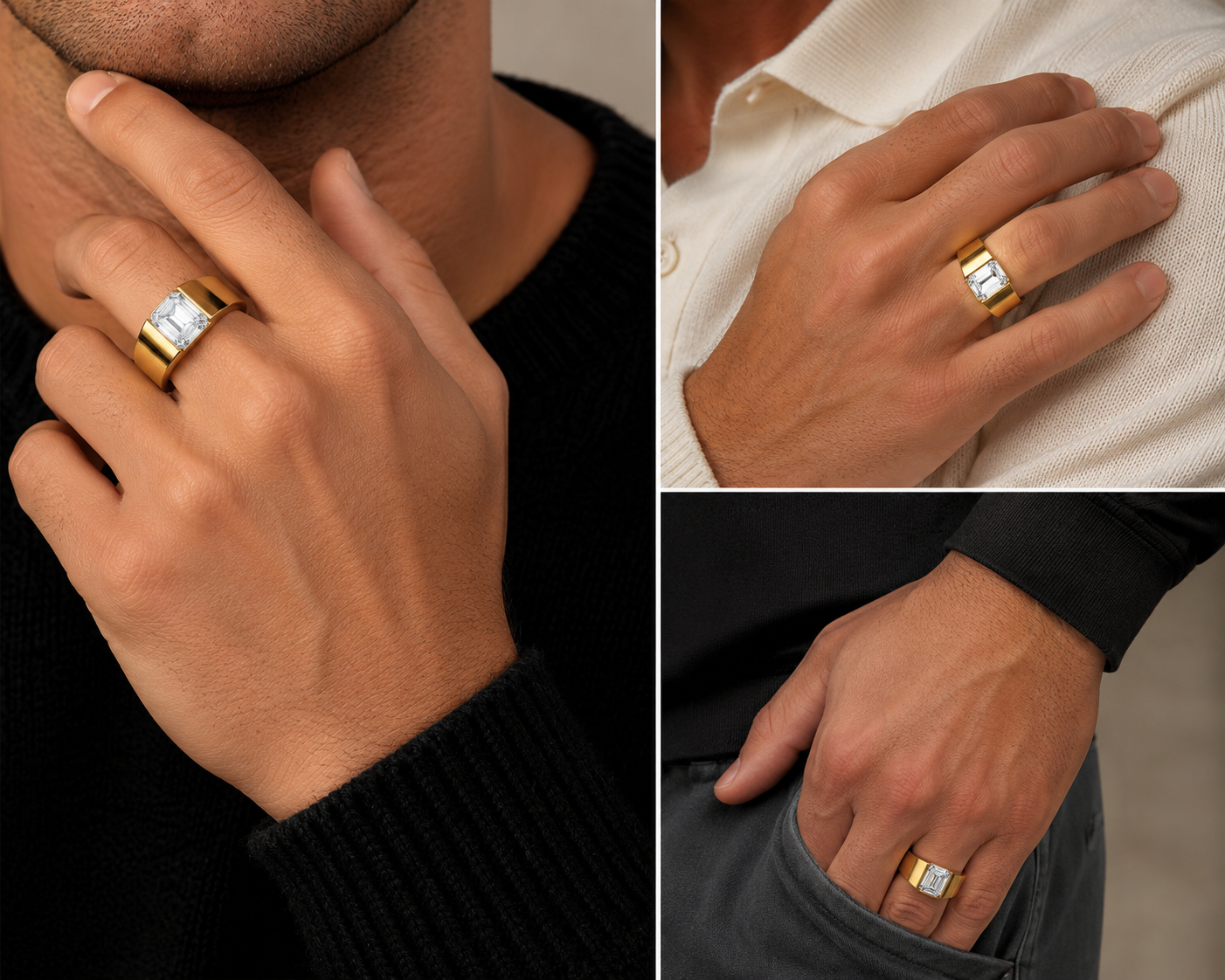 Men’s Ring with Emerald Cut Diamond in 14k Gold
