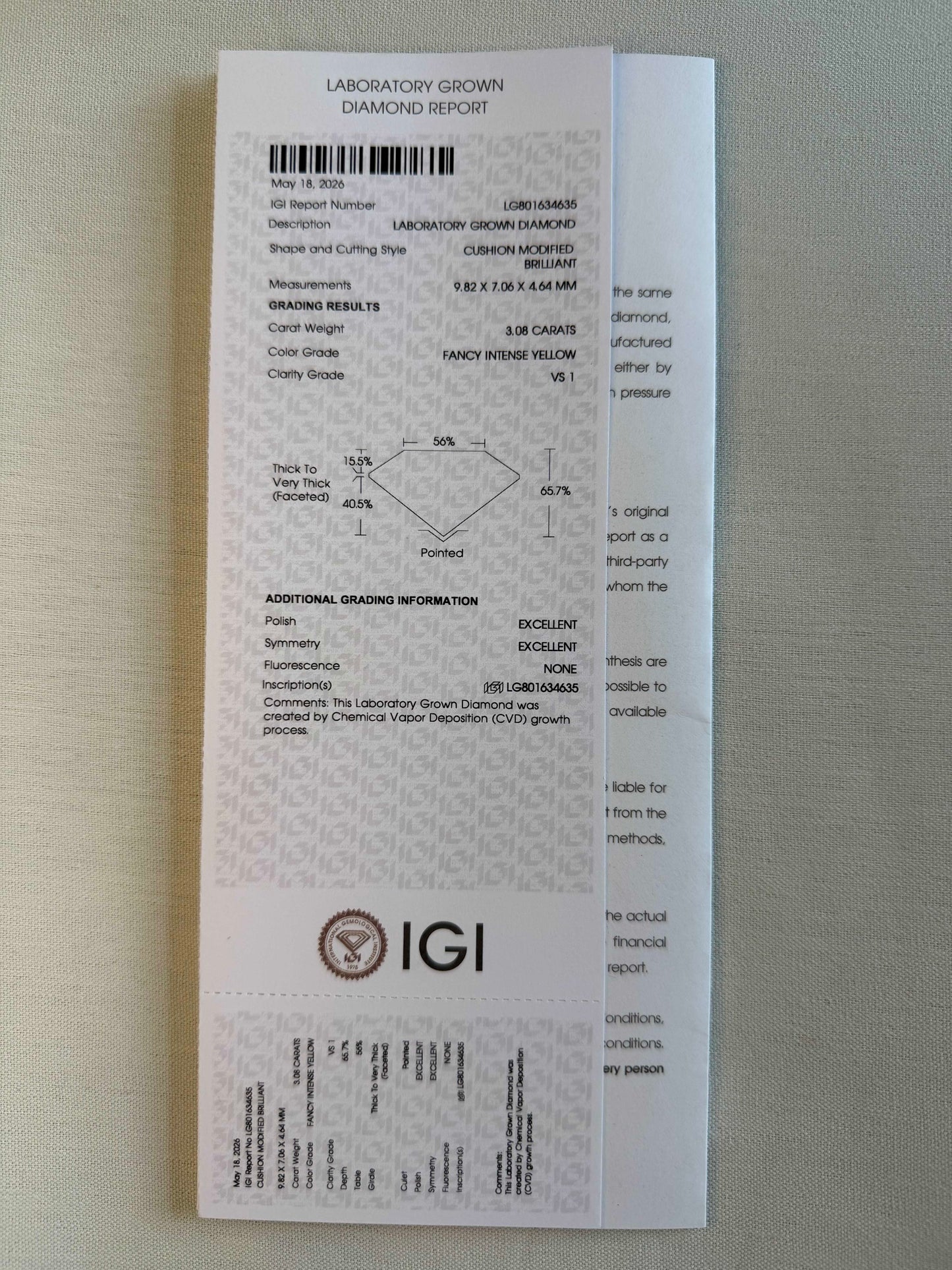 IGI Certified 3.08 Ct Fancy Intense Yellow Lab Grown Diamond