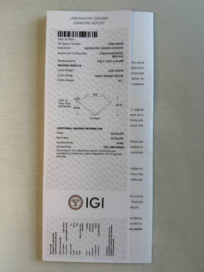 IGI Certified 3.08 Ct Fancy Intense Yellow Lab Grown Diamond