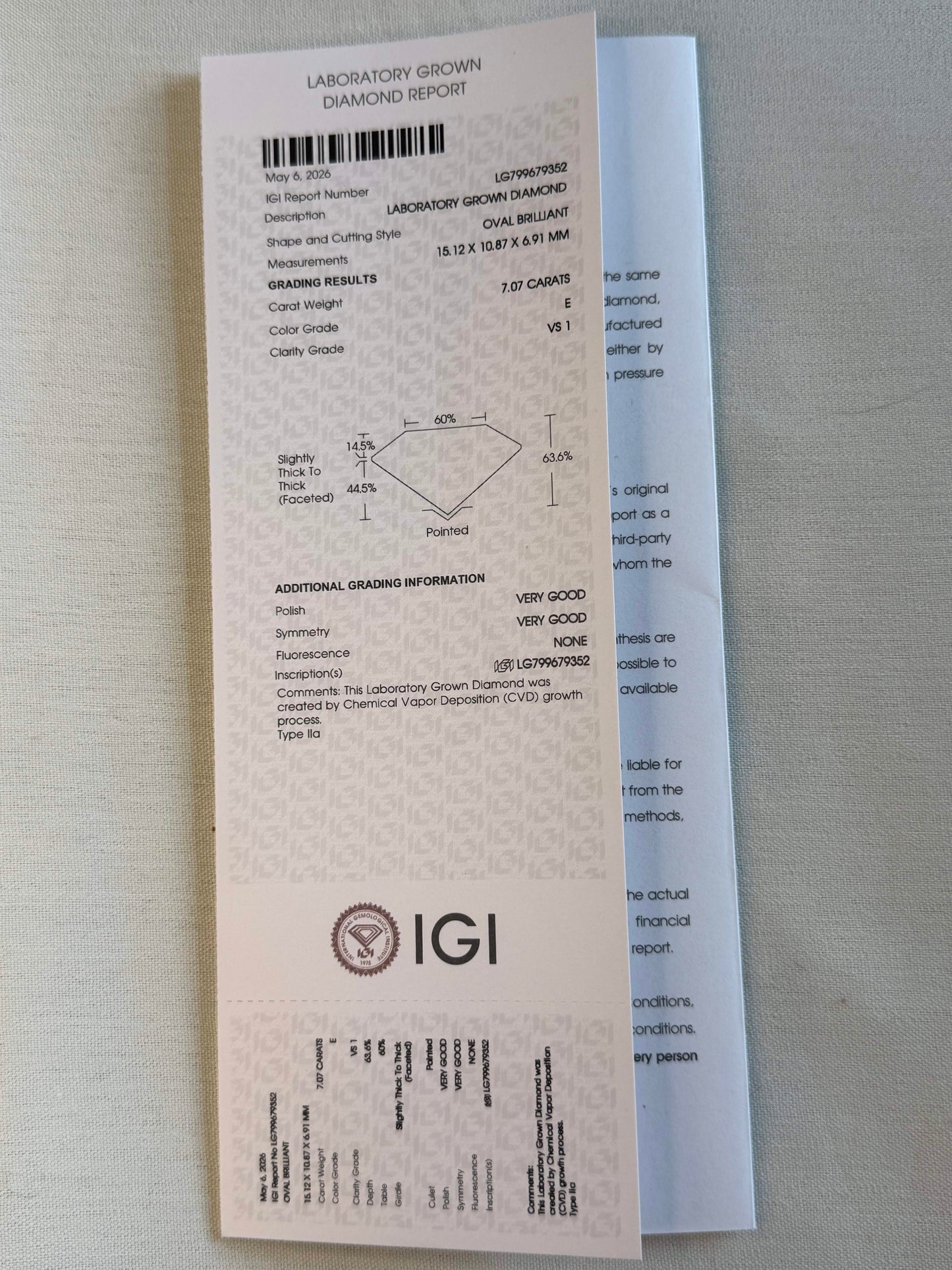 IGI Certified 7.07 Ct Oval Lab Grown Diamond