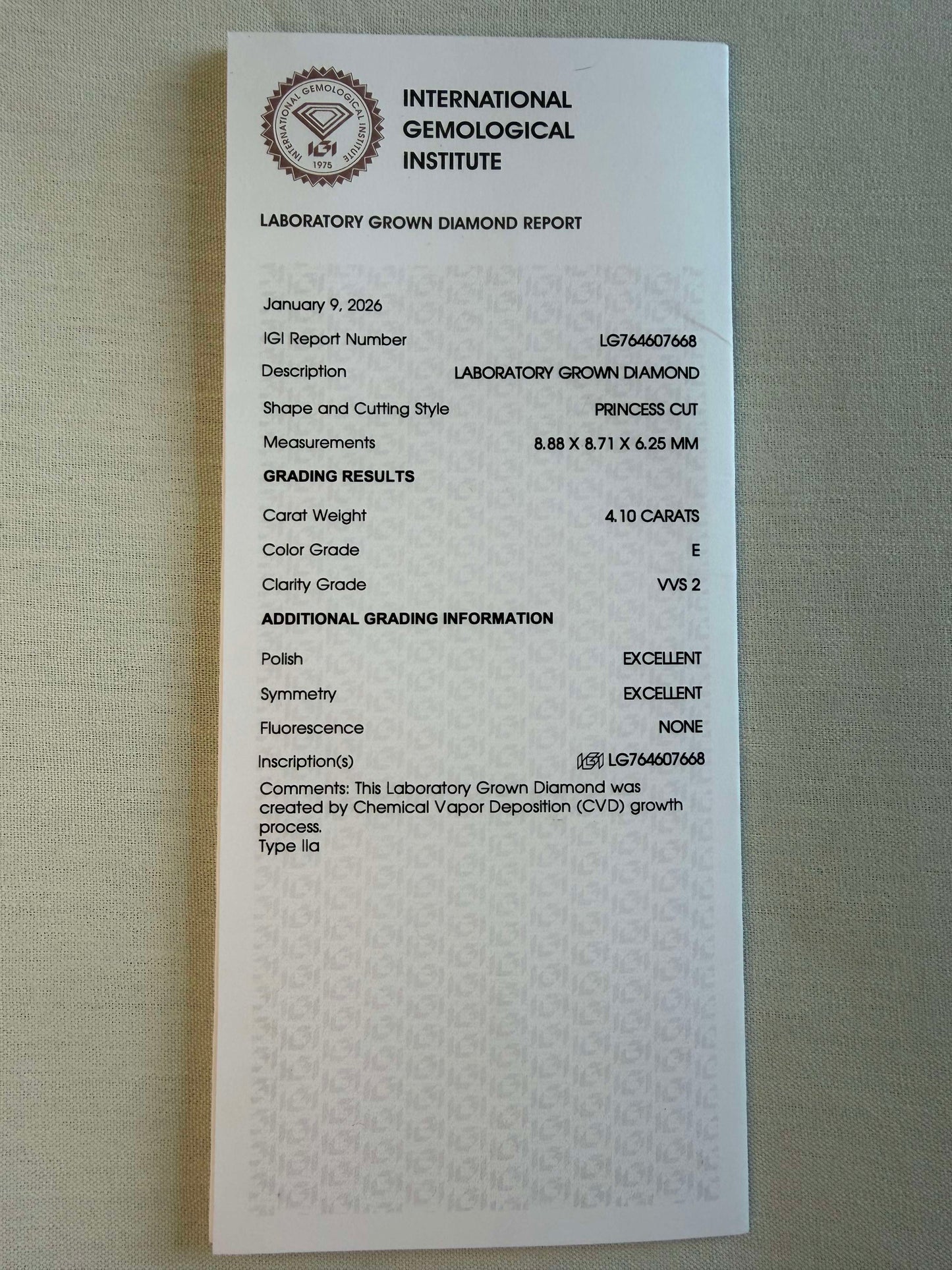 IGI Certified 4.10 Ct Princess Lab Grown Diamond