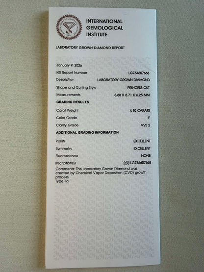 IGI Certified 4.10 Ct Princess Lab Grown Diamond