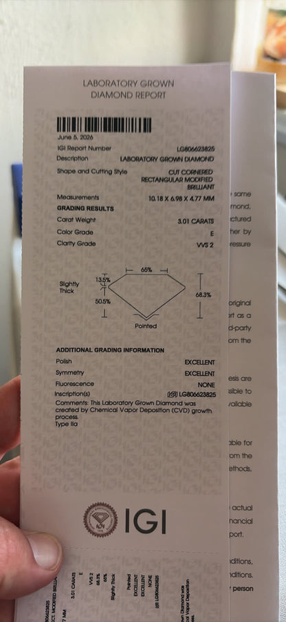 IGI Certified 3.01 Ct Radiant Lab-Grown Diamond