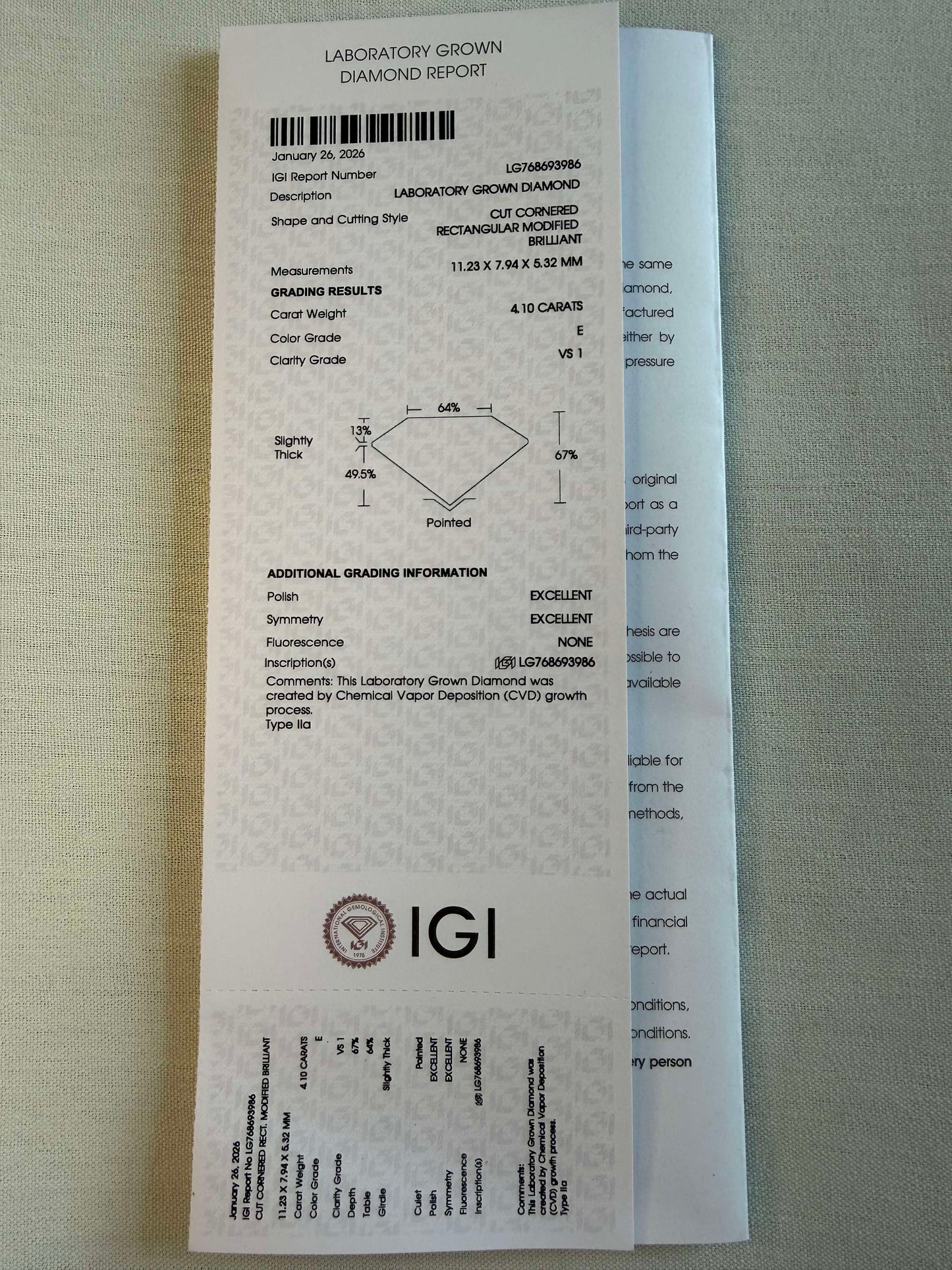 4.10 Ct Radiant Lab Grown Diamond – E Color, VS1