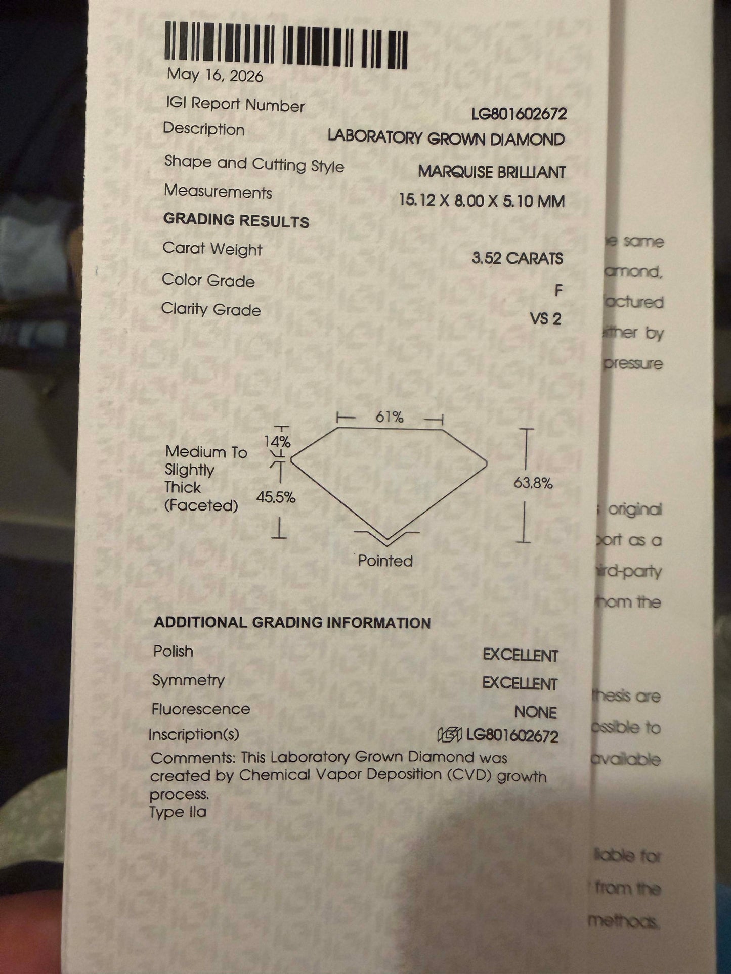 3.52 Ct F VS2 Marquise Lab Grown Diamond