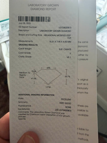 IGI Certified 3.81 Ct Hexagonal Lab-Grown Diamond
